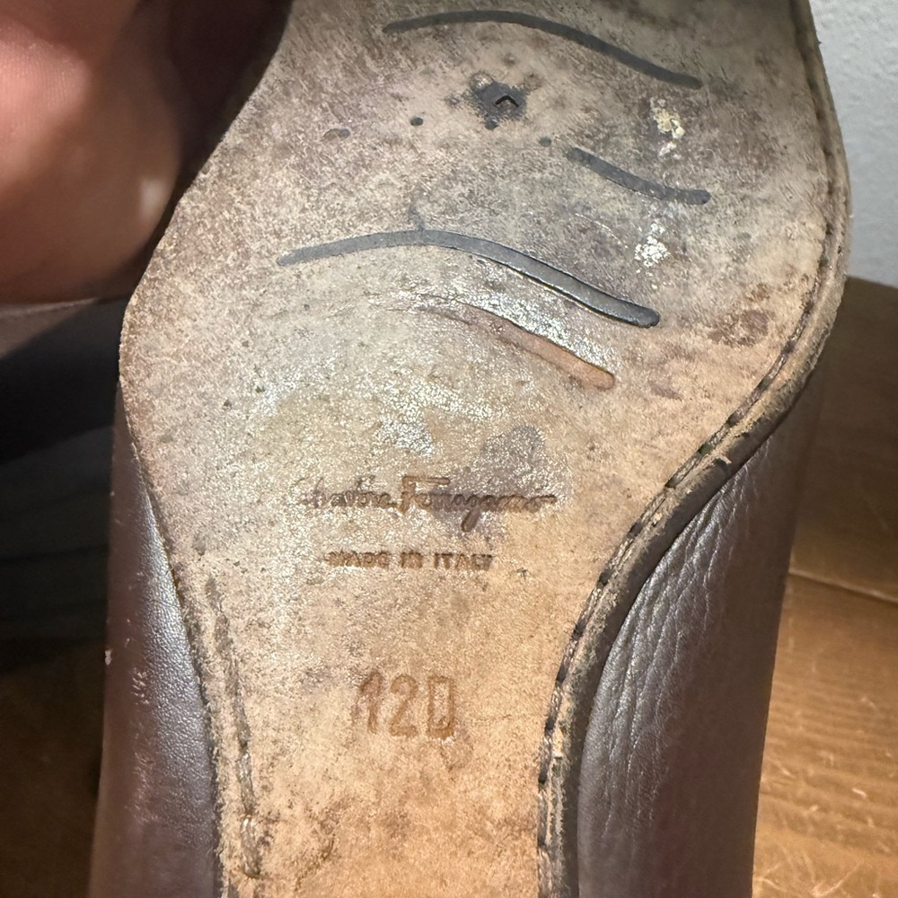 Salvatore Ferragamo Chocolate Leather Slip-Ons with Silver Accent - Picture 7 of 11